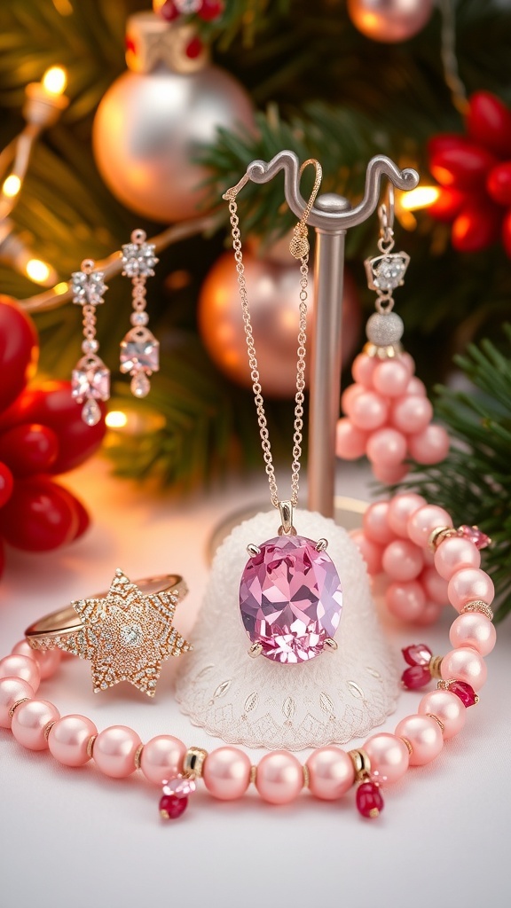 A collection of pink Christmas jewelry including earrings, necklace, and bracelet displayed with holiday decorations.